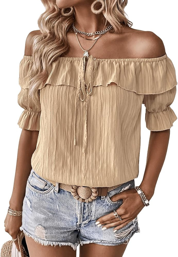 Verdusa Women's Ruffle Trim Off Shoulder Tie Front Short Sleeve Blouse Top | Amazon (US)