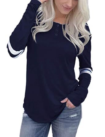 Women's Long Sleeve Baseball Tee Shirts Button Blouse Striped Tunic Tops Henley Shirt | Amazon (US)