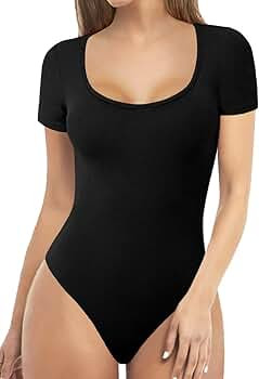 MANGOPOP Women's Scoop Neck Short Sleeve Long Sleeve Stretchy Basic Bodysuit Jumpsuits | Amazon (US)