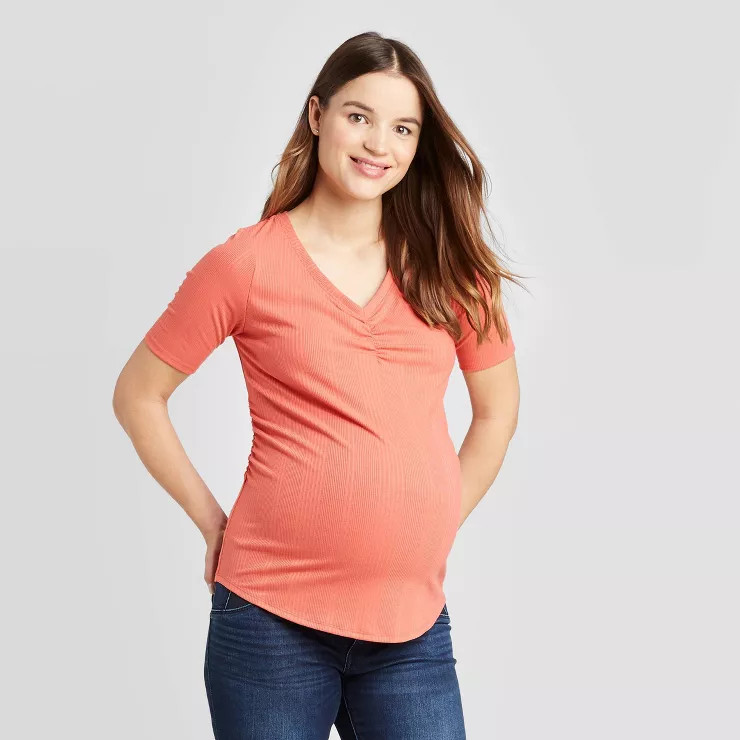 Maternity Elbow Sleeve V-Neck Textured Rib T-Shirt - Isabel Maternity by Ingrid & Isabel™ Red | Target