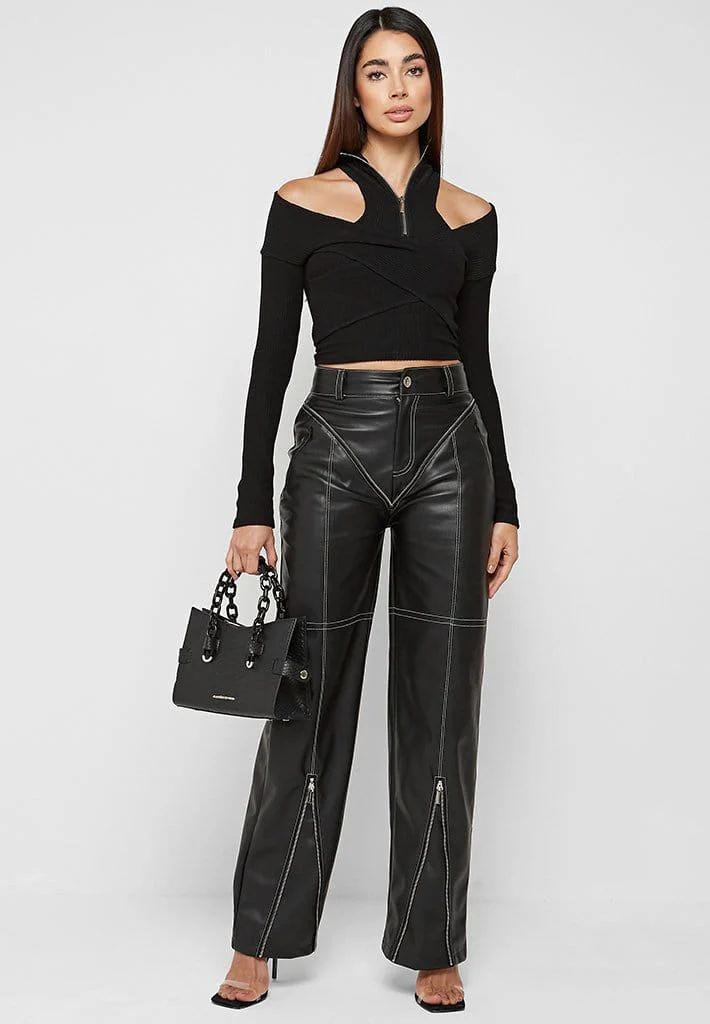 Zip Detail Vegan Leather Trousers - Black | Maniere De Voir