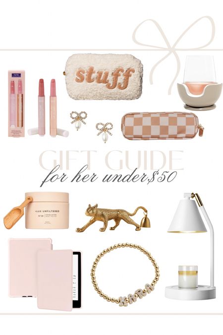 Gift Guide For Her - Under $50 🤍

Tarte Maracuja juicy lip duo, cozy stuff cosmetic bag, pearl bow earrings, Stoney clover lane checkered pencil case, wine chiller, lux unfiltered body polish, leopard candle snuffer, kindle case, baublebar name bracelet, candle lamp, amazon, gift ideas for her, fancythingsblog 