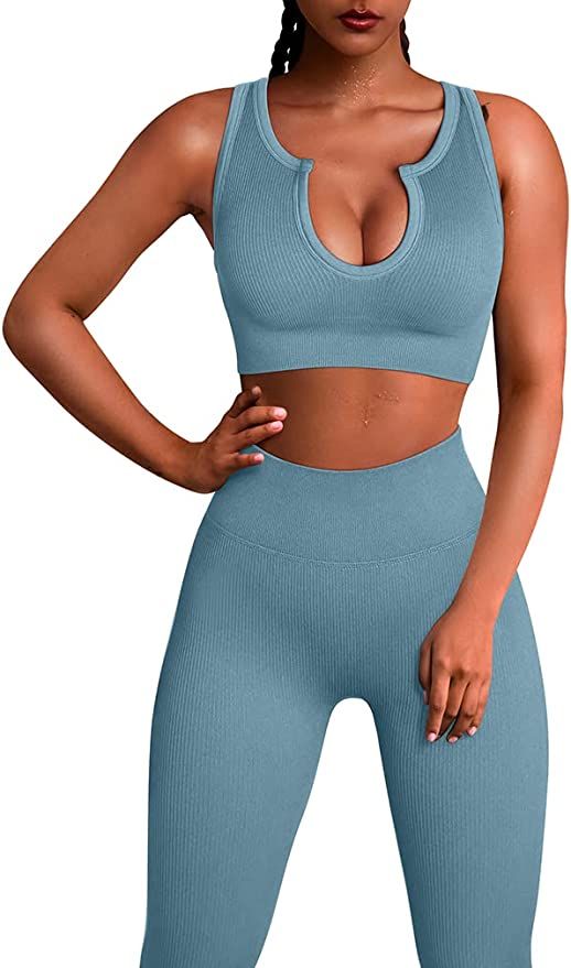 HYZ Women's Seamless 2 Piece Outfits Gym Crop Top Sets High Waist Bodycon Stretch Sports Legging | Amazon (US)