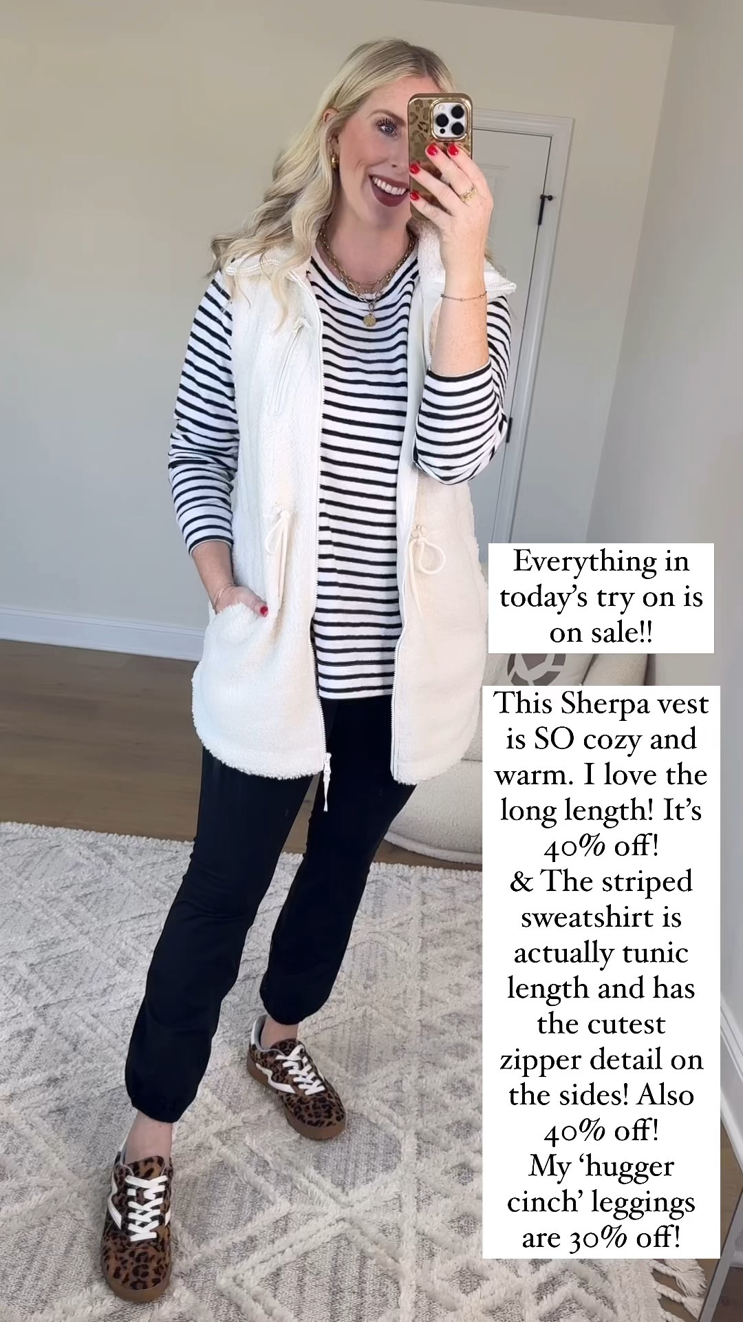 Outfit try on, loft, aerie, sherpa vest, striped tunic 

Medium 

#LTKStyleTip #LTKFindsUnder50 #LTKSaleAlert