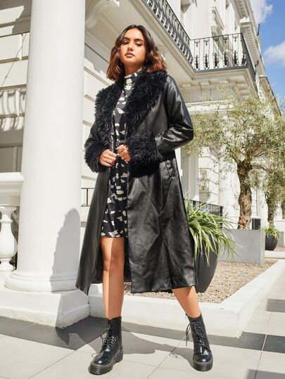 SHEIN Fuzzy Trim Waterfall Collar PU Leather Coat | SHEIN
