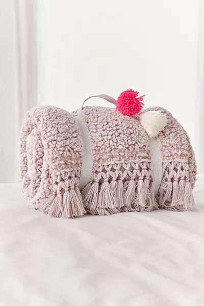Amped Fleece Fringe Trim Throw Blanket | Urban Outfitters (US and RoW)