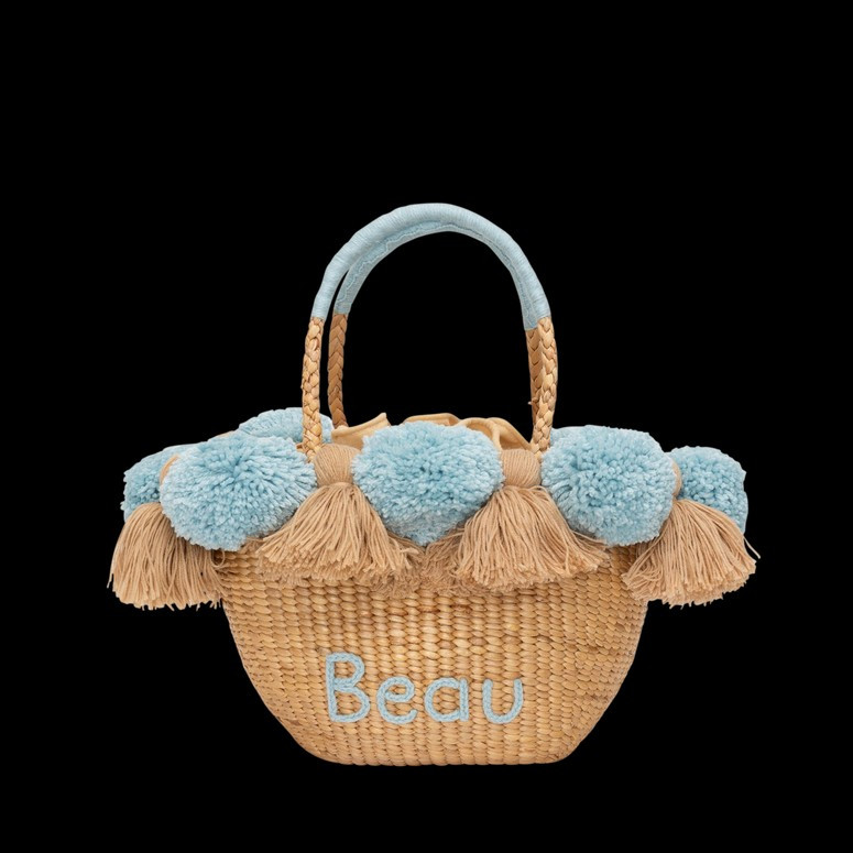 Lily & Bean Pom Pom Baby Blue and Fawn Straw Bag Personalised | Lily and Bean