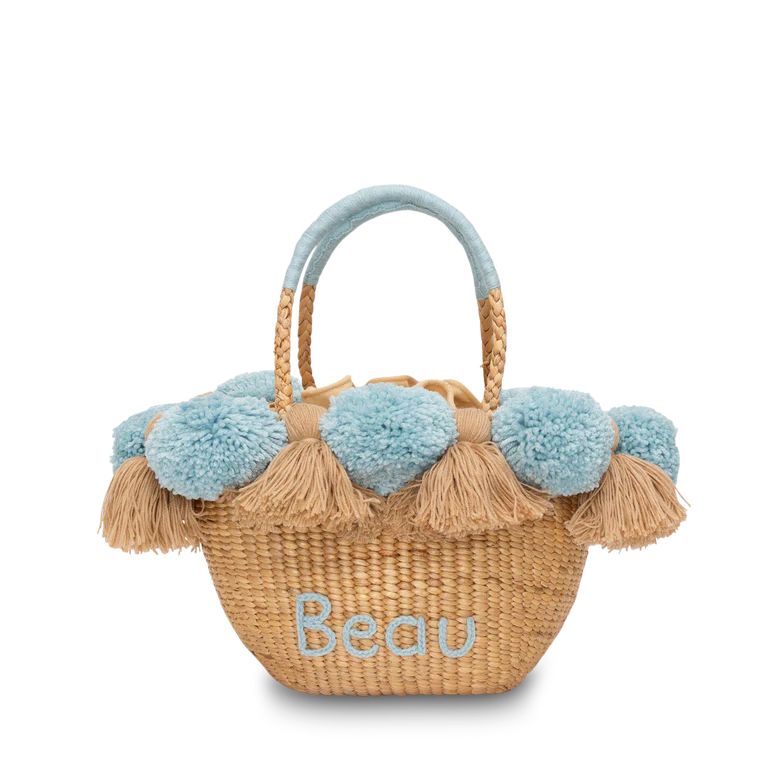 Lily & Bean Pom Pom Baby Blue and Fawn Straw Bag Personalised | Lily and Bean