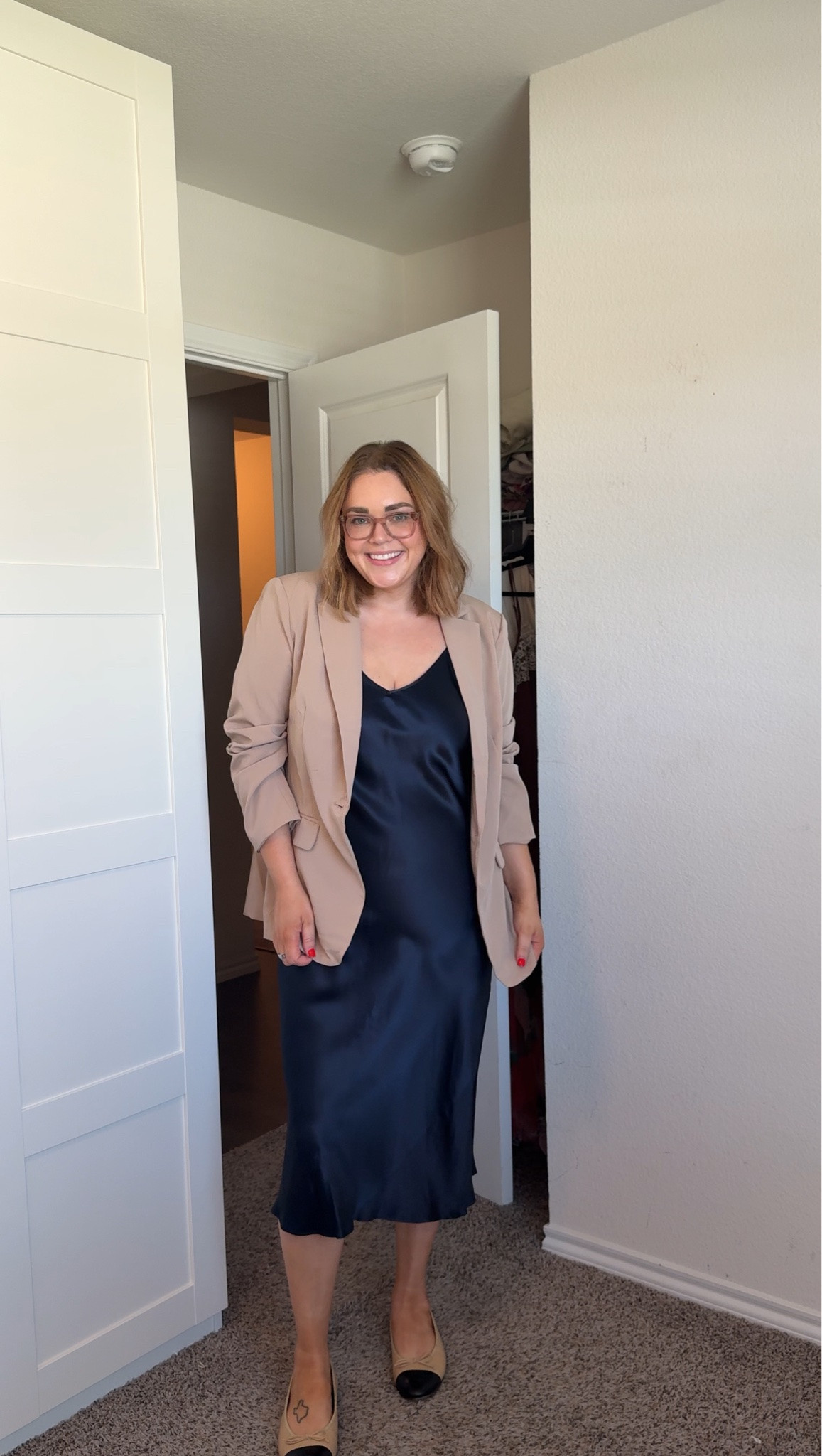 Work office outfit wearing xl in blazer and slip dress