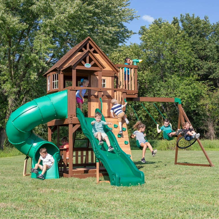 Backyard Discovery Skyfort II Cedar Wood Swing Set, Spiral Tube Slide, Clubhouse | Walmart (US)