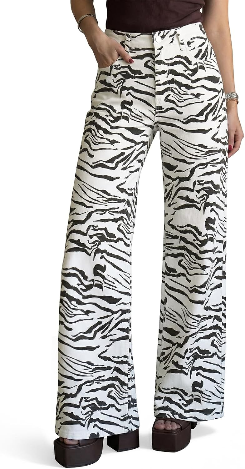 Cicy Bell Womens Wide Leg High Waisted Leopard Baggy Stretchy Jeans | Amazon (US)