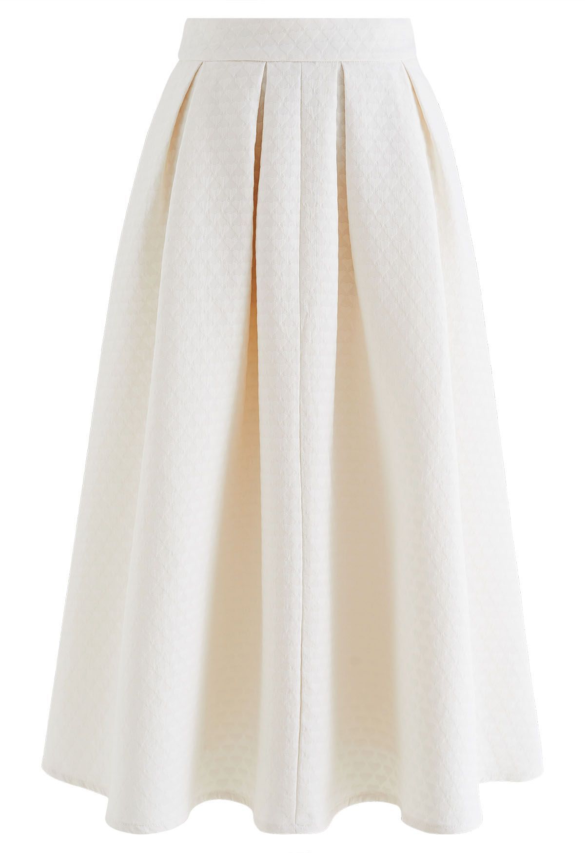 Embossed Heart Texture Pleated Midi Skirt in Ivory | Chicwish