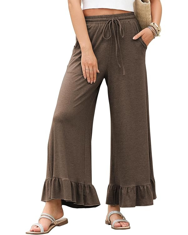 EVALESS Womens Wide Leg Pants Drawstring Elastic High Waisted Ruffle Hem Palazzo Pants with Pocke... | Amazon (US)