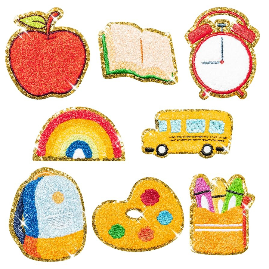 8 Pcs Back to School Chenille Patches Glitter Rainbow Apple Pencil Bus Sew Iron on Repair Embroid... | Amazon (US)