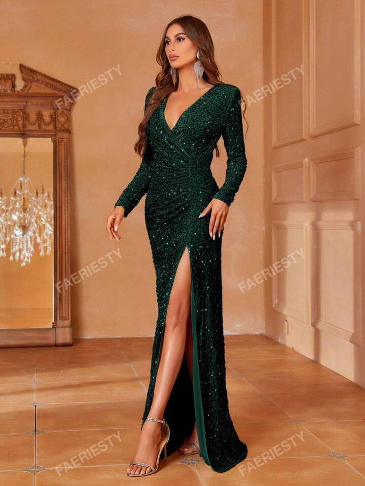Faeriesty Surplice Neck Long Sleeve Split Sequin Formal Dress Party Dress Wedding Guest Dress Evening Dress | SHEIN