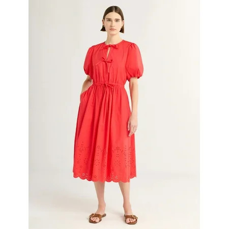 Free Assembly Women s and Women s Plus Tie Front Cotton Eyelet Midi Dress with Short Puff Sleeves Sizes XS-4X | Walmart (US)