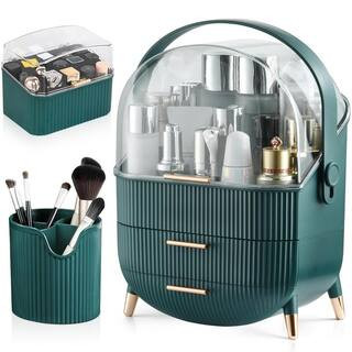 Makeup Storage Organizer Display Case with 2-Layer Storage Box and Transparent Cover, for Bedroom Vanity Desk in Green | The Home Depot