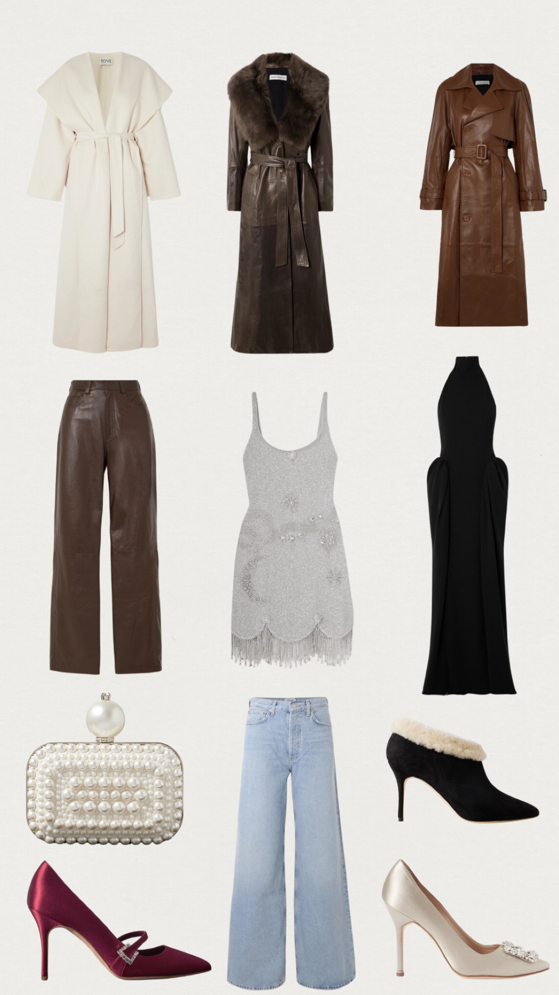 Net-a-porter private sale favorites, leather pants, holiday dresses, pearl clutch, shearling boots, wool coat, cashmere coat 

#LTKGiftGuide #LTKCyberWeek #LTKSaleAlert