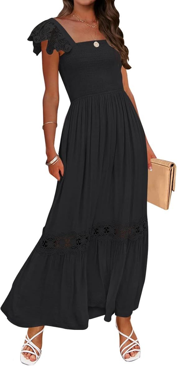 ZESICA Women's 2023 Summer Lace Strap Sleeveless Square Neck Smocked High Waist Ruffle Hollow Out... | Amazon (US)