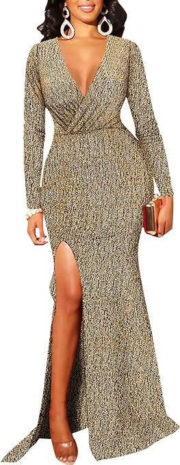 Women's Sexy Long Sleeve Sparkly Maxi Dress V Neck High Slit Wrap Formal Gown Cocktail Glitter Ma... | Amazon (US)