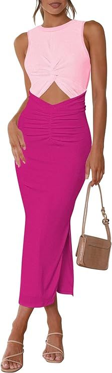 Meenew Women's Sleeveless Summer Long Bodycon Dress Twist Cutout Midi Sheath Dress Ruched Tie Bac... | Amazon (US)