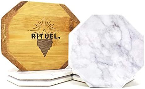 6 Ceramic Drink Coasters With Bamboo Holder - White Marble Stone Design By Rituel. | Amazon (US)