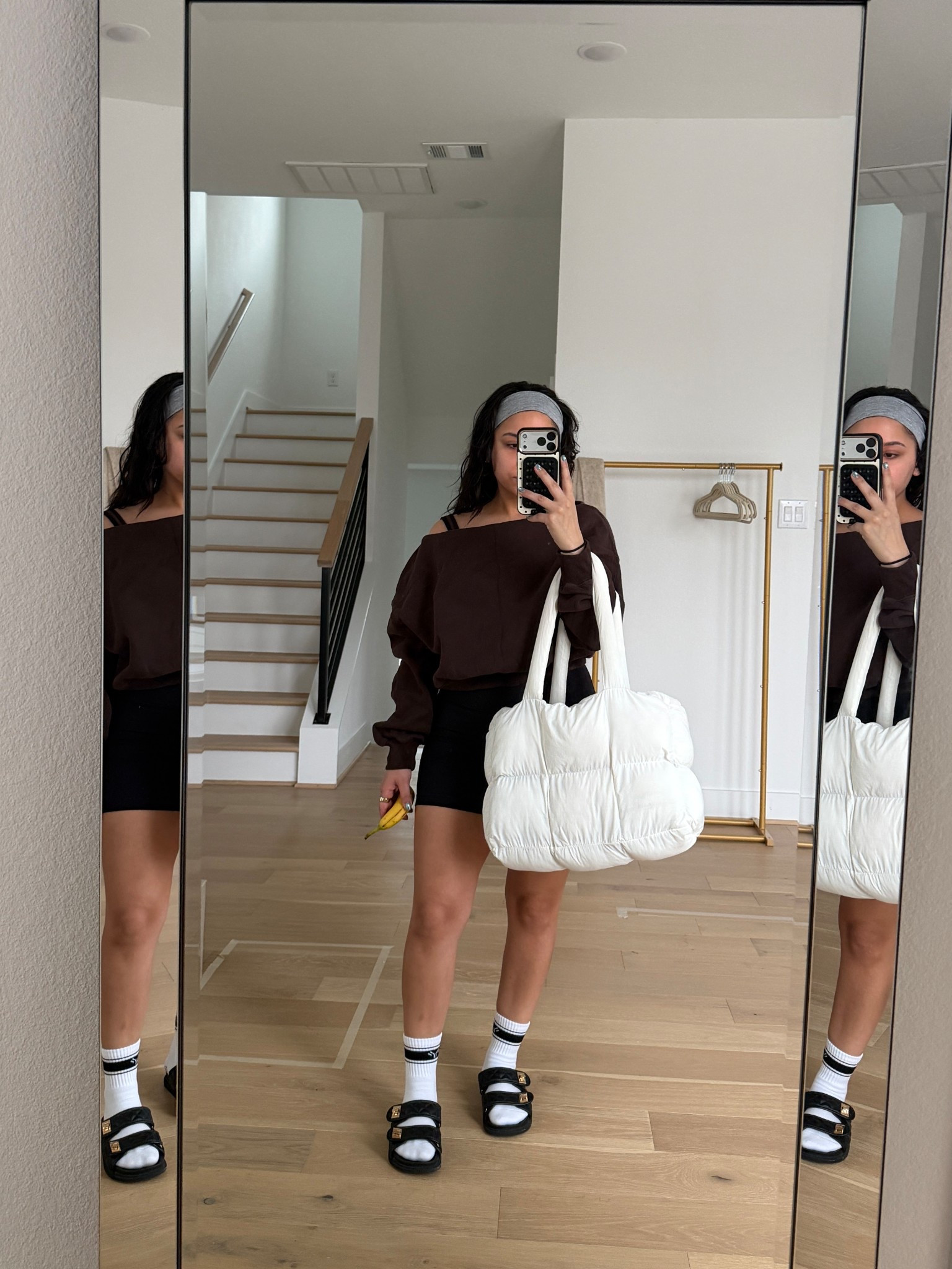 Sweatshirt: small
Tank: small
Biker shorts: small
Slides: old, linked similar 
Headband 
Puffer tote bag 
Grip socks 

#LTKootd #LTKSpringSale #LTKActive