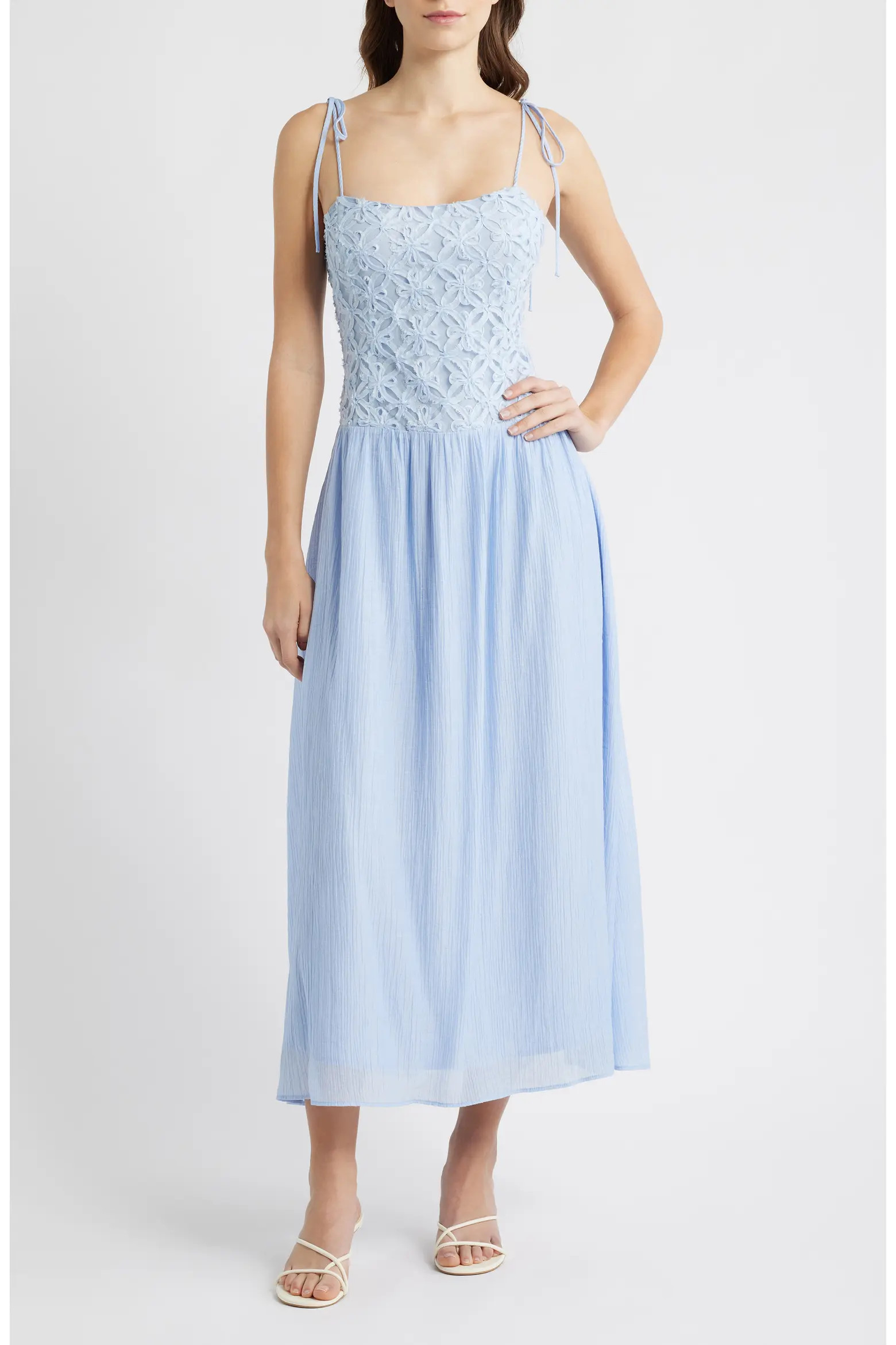 Floral Appliqué Tie Shoulder Midi Dress (Women) | Nordstrom | Nordstrom