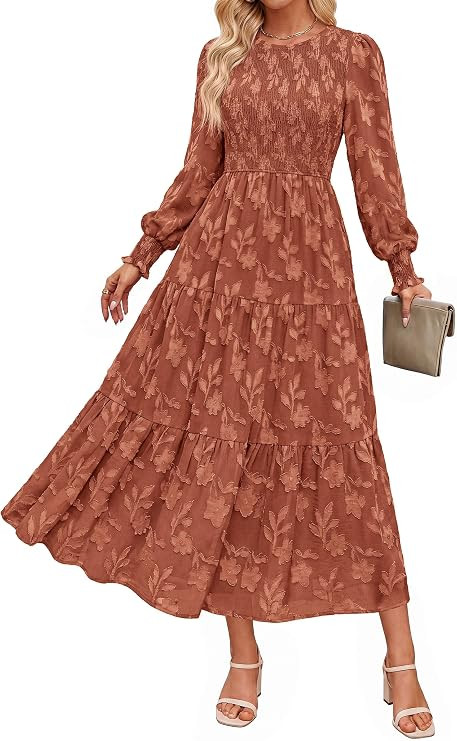 PRETTYGARDEN Fall Floral Long Sleeve Wedding Guest Dress for Women Pockets | Casual Textured Jacq... | Amazon (US)