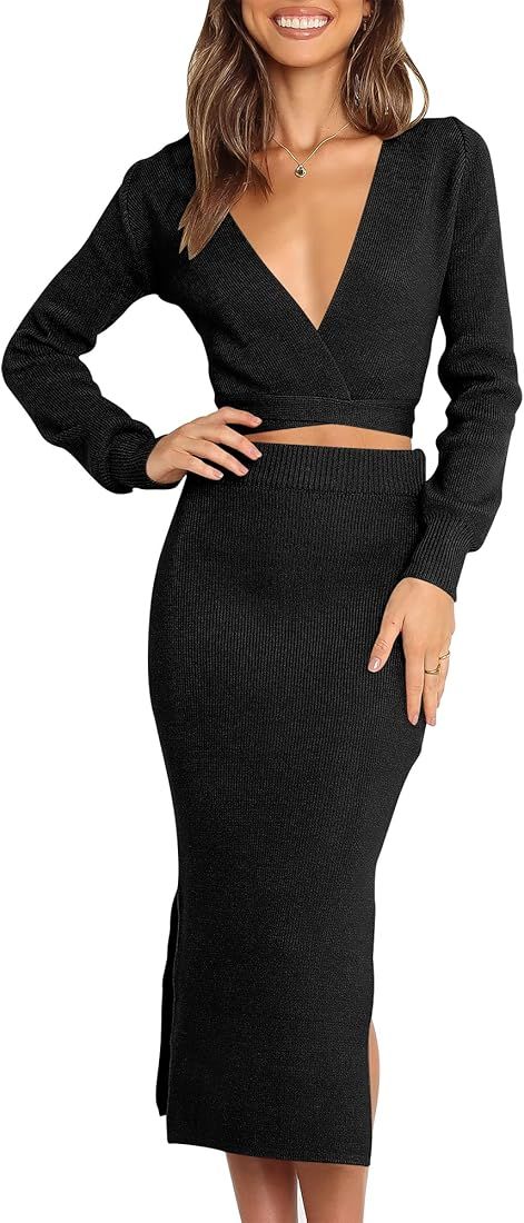 LOGENE Women's 2 Piece Outfit V Neck Open Back Ribbed Knit Sweater with Belt Split Bodycon Dress Set | Amazon (US)