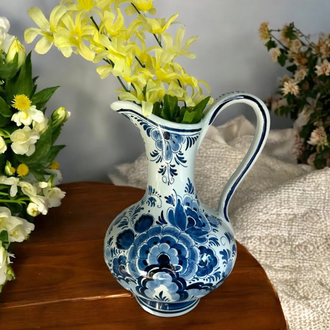 Delft Pottery Flower Jug/blue and White Floral Pitcher/vase/holland - Etsy | Etsy (US)
