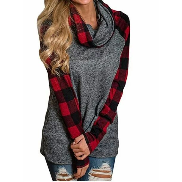 Women Patchwork Casual Bow Blouse Long Sleeves Plaid Tops | Walmart (US)