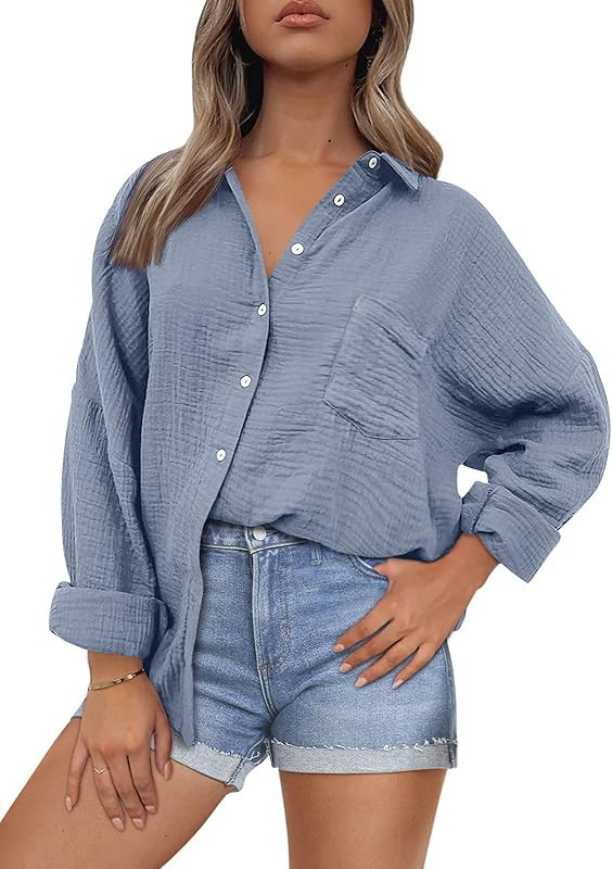 Womens Button Down Shirts Fall Fashion 2023 Shacket Jacket Long Sleeve Oversized Work Blouses Tunics | Amazon (US)