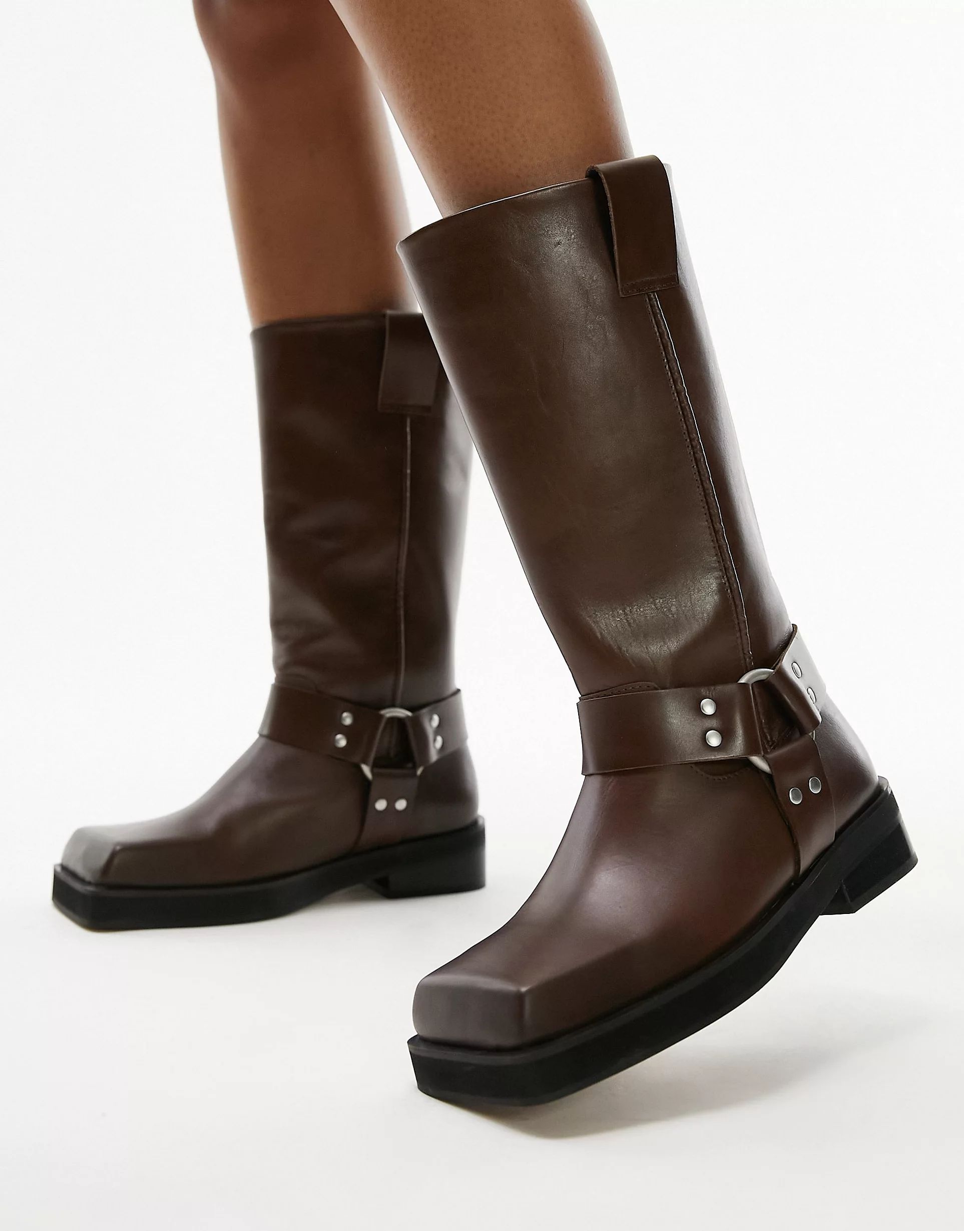 Topshop Ruby premium leather biker boots in brown | ASOS (Global)