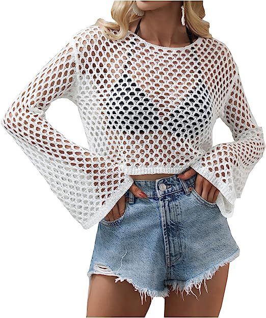 Kedera Women Mesh Crochet Crop Top Long Sleeve Hollow Out Cropped Knit Sweater Beach Bikini See T... | Amazon (US)