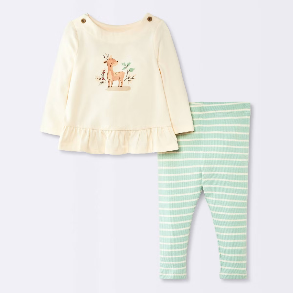 Baby Girls' 2pc Deer Ruffle Long Sleeve T-Shirt and Striped Leggings Set - Cloud Island™ Mint G... | Target