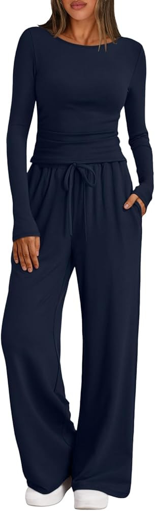 Trendy Queen Women's 2 Piece Matching Lounge Set Boat Neck Slim Fitted Top Wide Leg Pants Casual ... | Amazon (US)