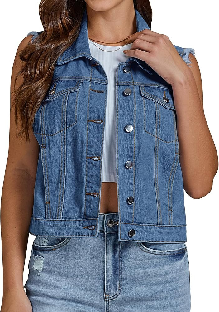 luvamia Denim Vest for Women Button Down Distressed Frayed Vests Top Western Casual Sleeveless Je... | Amazon (US)