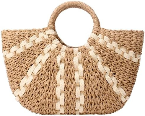 YYW Straw Bags for Women,Hand-woven Straw Large Bag Round Handle Ring Tote Retro Summer Beach Rat... | Amazon (US)