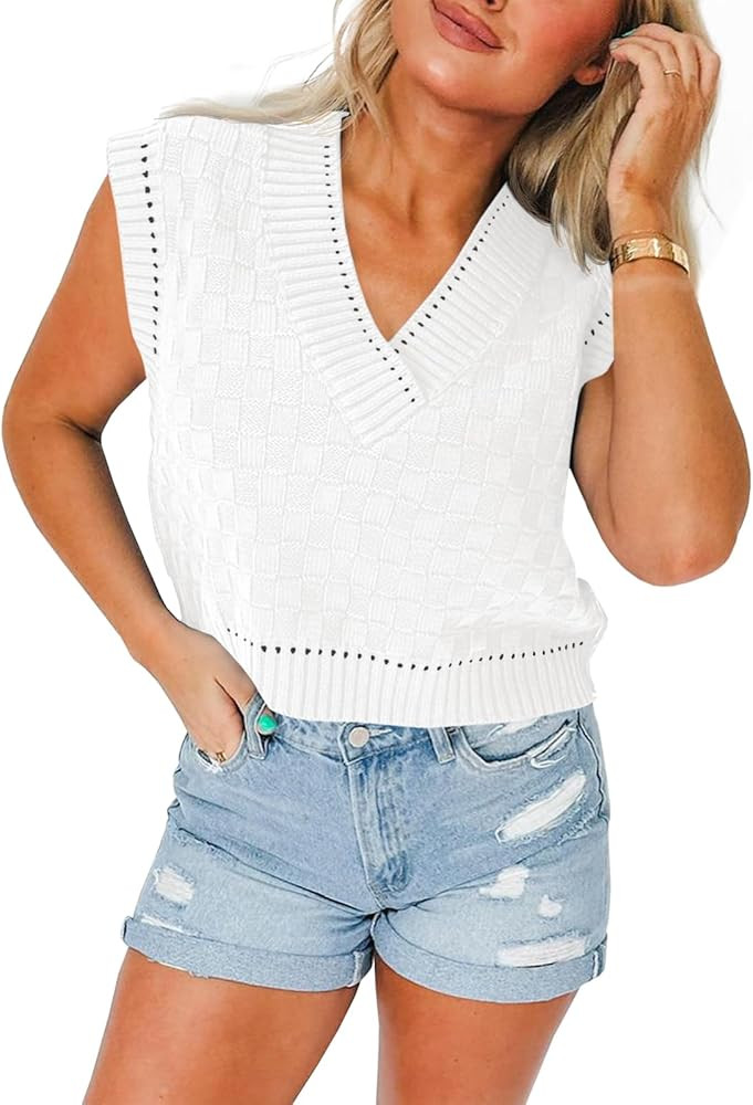 Saodimallsu Womens Summer Tank Tops Casual V Neck Sleeveless Crop Top Plaid Knit Loose Cropped Sw... | Amazon (US)