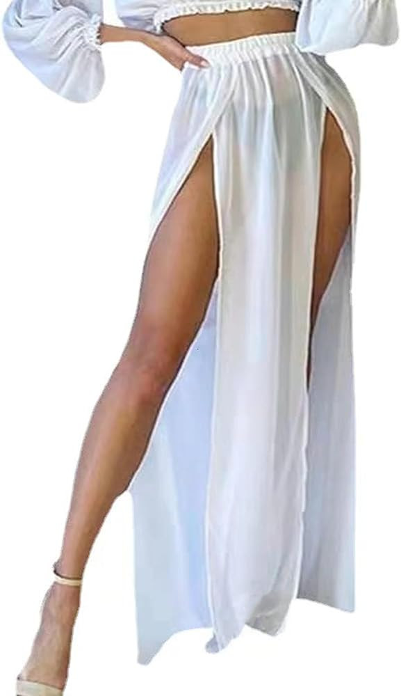 Women's Sheer Mesh Chiffon Double Slit Cover Up Skirt Rave Festival Costume Swim Beach Flowy Long... | Amazon (US)