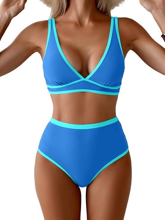 Aidonger Women's High Waisted Bikini Sets Two Piece Color Block Triangle Swimsuits Sexy V Neck Ba... | Amazon (US)