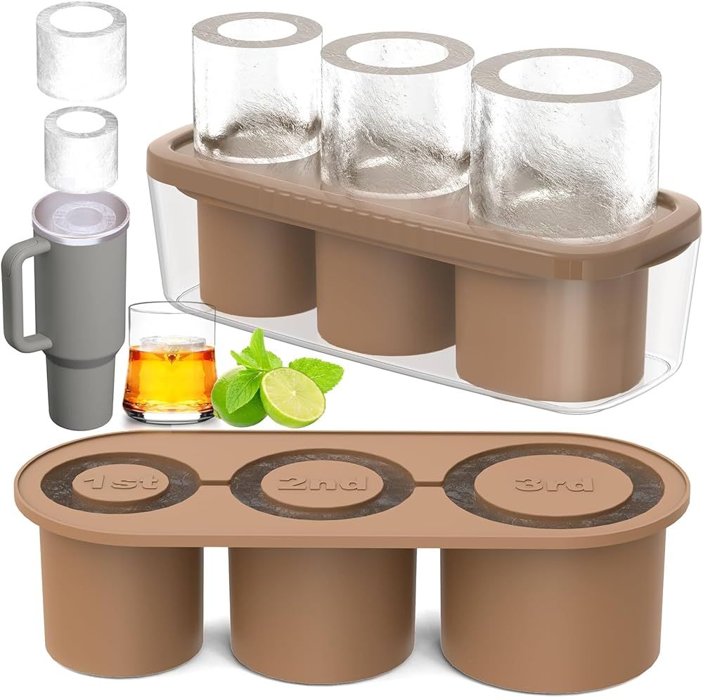 Ice Cube Tray for 40Oz Tumbler Cup, 3 Pcs Silicone Cylinder Ice Mold with Lid and Bin for Freezer, Ice Drink, Juice, Whiskey, Cocktail, Summer Gifts (Brown) | Amazon (US)