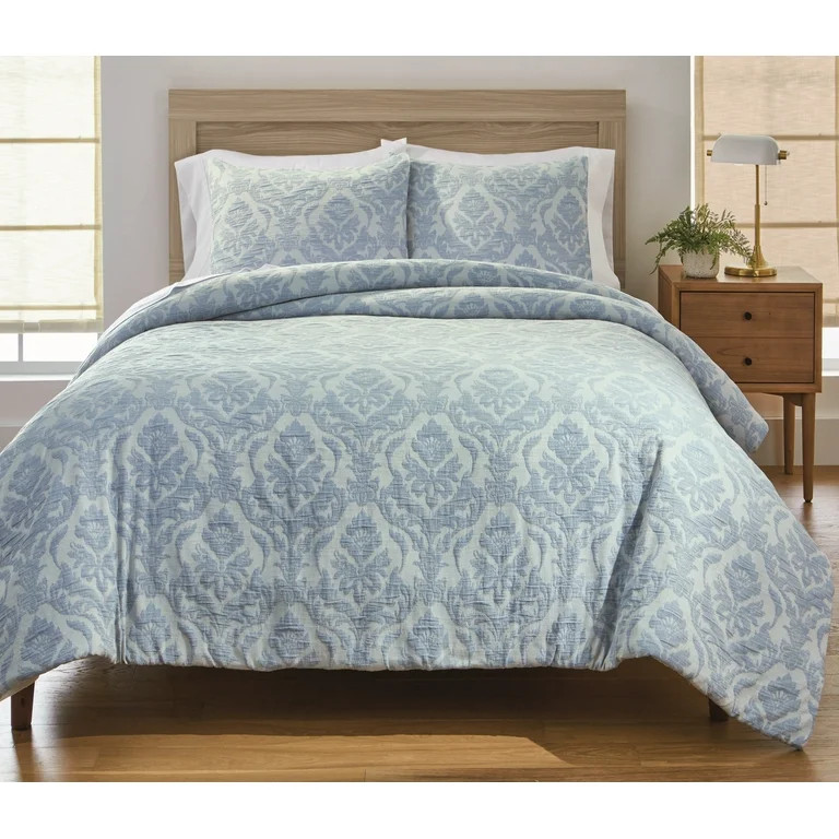 Better Homes & Gardens Woven Damask 3-Piece Comforter Set, Blue/Silver, Full Queen, All Ages | Walmart (US)
