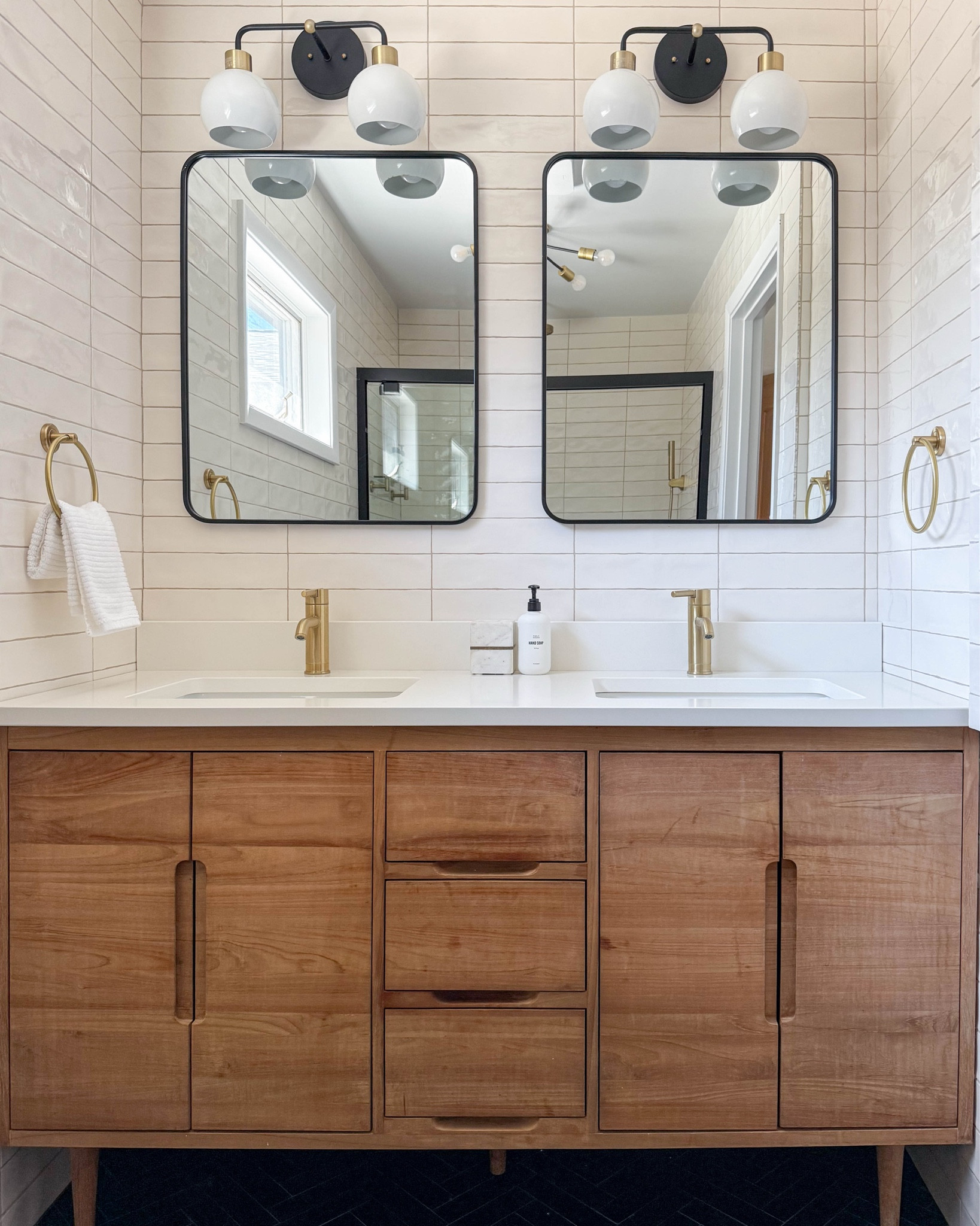 This bathroom was done over 5 years ago, and it’s still one of my favorites. I’m still using this tile everywhere— what a price! And black, cream & wood certainly hasn’t gone out of style.