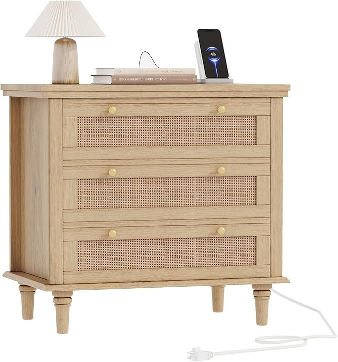 Irontar Rattan Nightstand with Charging Station, 27.6" Wide Bedside Table with 3 Large Drawers, W... | Amazon (US)