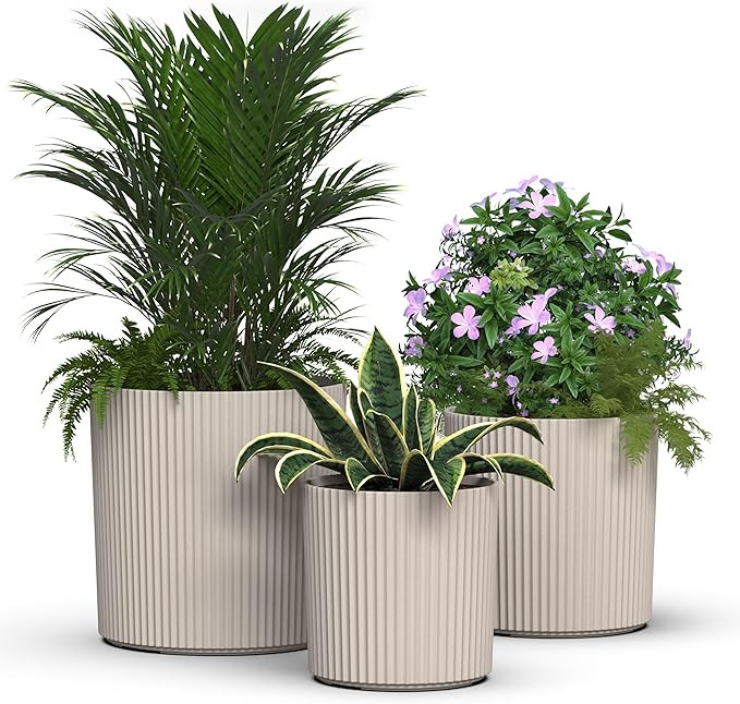 Mayne Serene Fluted Planter, 3-Pack 10in, 12in, and 14in, Round Planters for Outdoor Plants, Mode... | Amazon (US)
