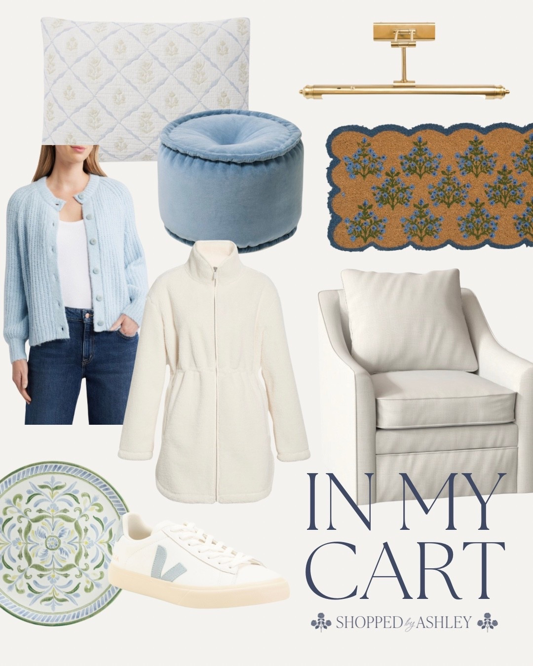 What’s in my cart right now is a mix of soft blue knits, cozy layers, and classic home finds that feel calm, timeless, and easy to live with. From a light blue cardigan and neutral fleece jacket to a pleated blue ottoman, patterned bedding, and a cozy accent chair, it’s all very preppy with a relaxed feel.

what’s in my cart, in my cart ltk, blue cardigan outfit, cozy fleece jacket women, neutral accent chair, pleated ottoman blue, patterned throw pillow, floral doormat, classic sneakers women, preppy everyday style, grandmillennial finds, classic home decor accents

#LTKHome
