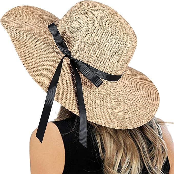 Womens Floppy Summer Sun Beach Straw Hat, Foldable Wide Brim Hats with Bowknot UPF50 | Amazon (US)