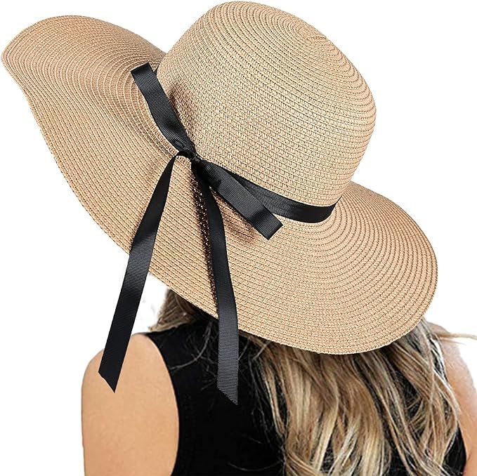 Womens Floppy Summer Sun Beach Straw Hat, Foldable Wide Brim Hats with Bowknot UPF50 | Amazon (US)